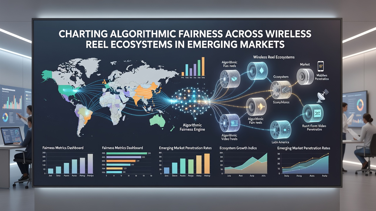 Infographic showing fairness metrics and audit processes for mobile reel ecosystems in developing regions