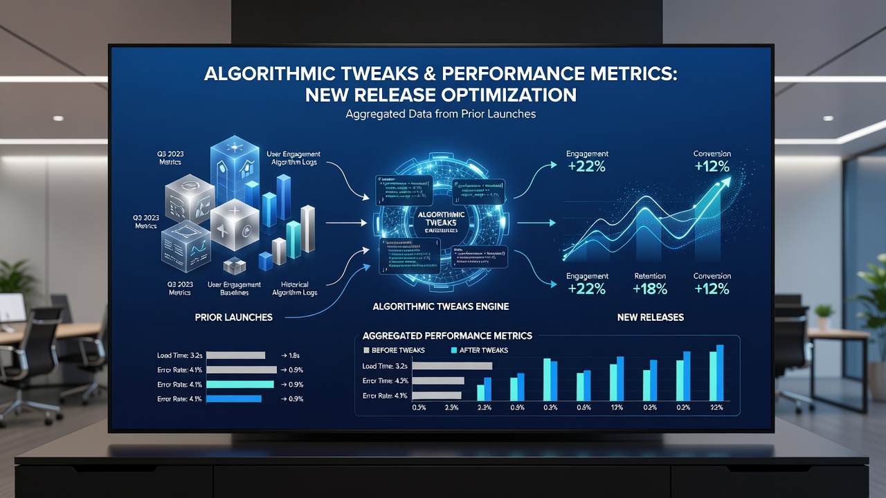 Team reviewing charts that compare algorithmic performance across successive product releases
