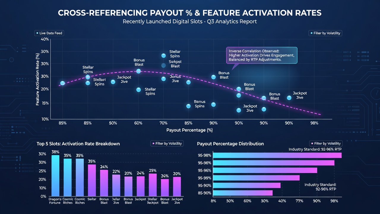 Detailed charts comparing RTP values and feature trigger frequencies from recent slot data releases