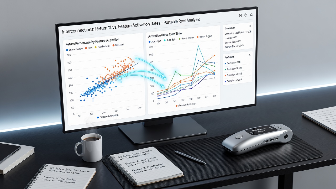 Developer dashboard showing graphs of RTP versus feature activation rates for multiple portable slot titles