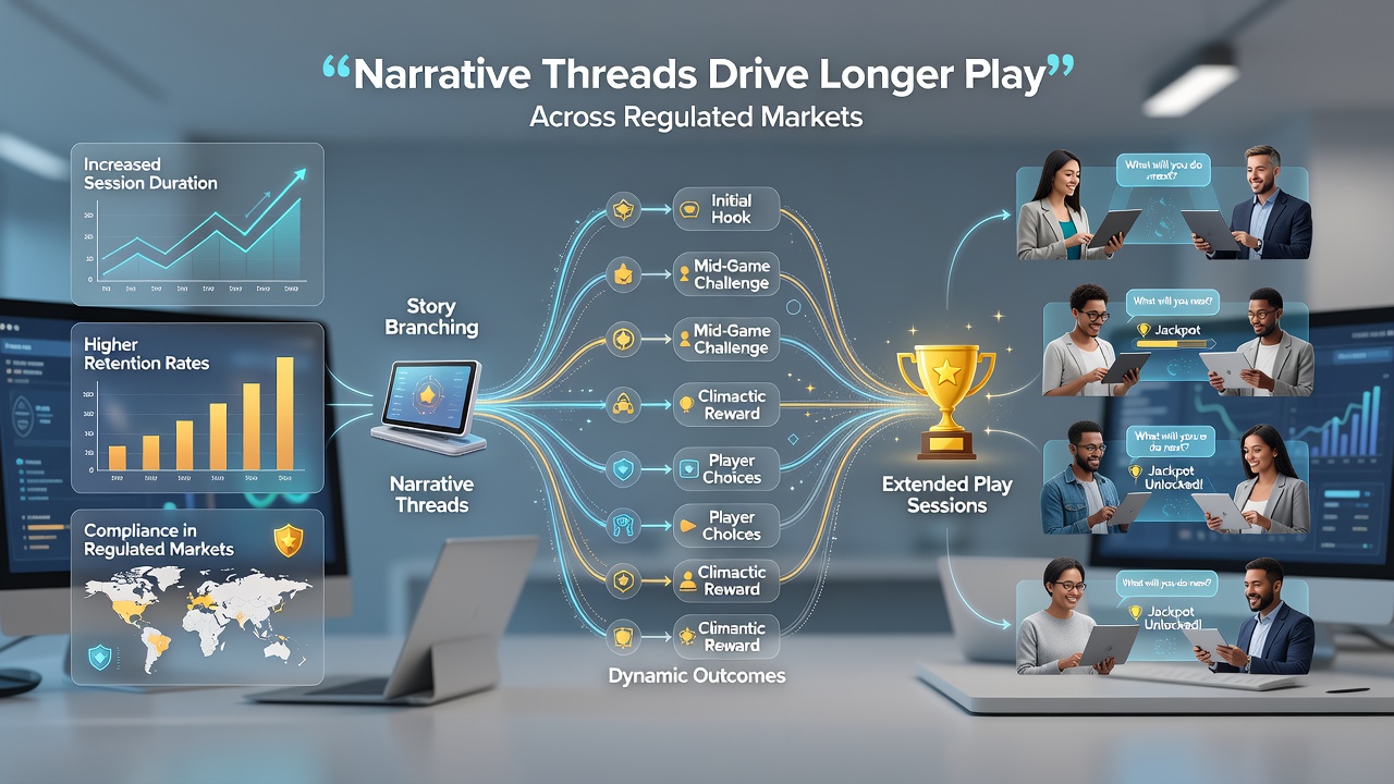 Player dashboard displaying completed narrative chapters alongside session duration metrics in a regulated gaming app