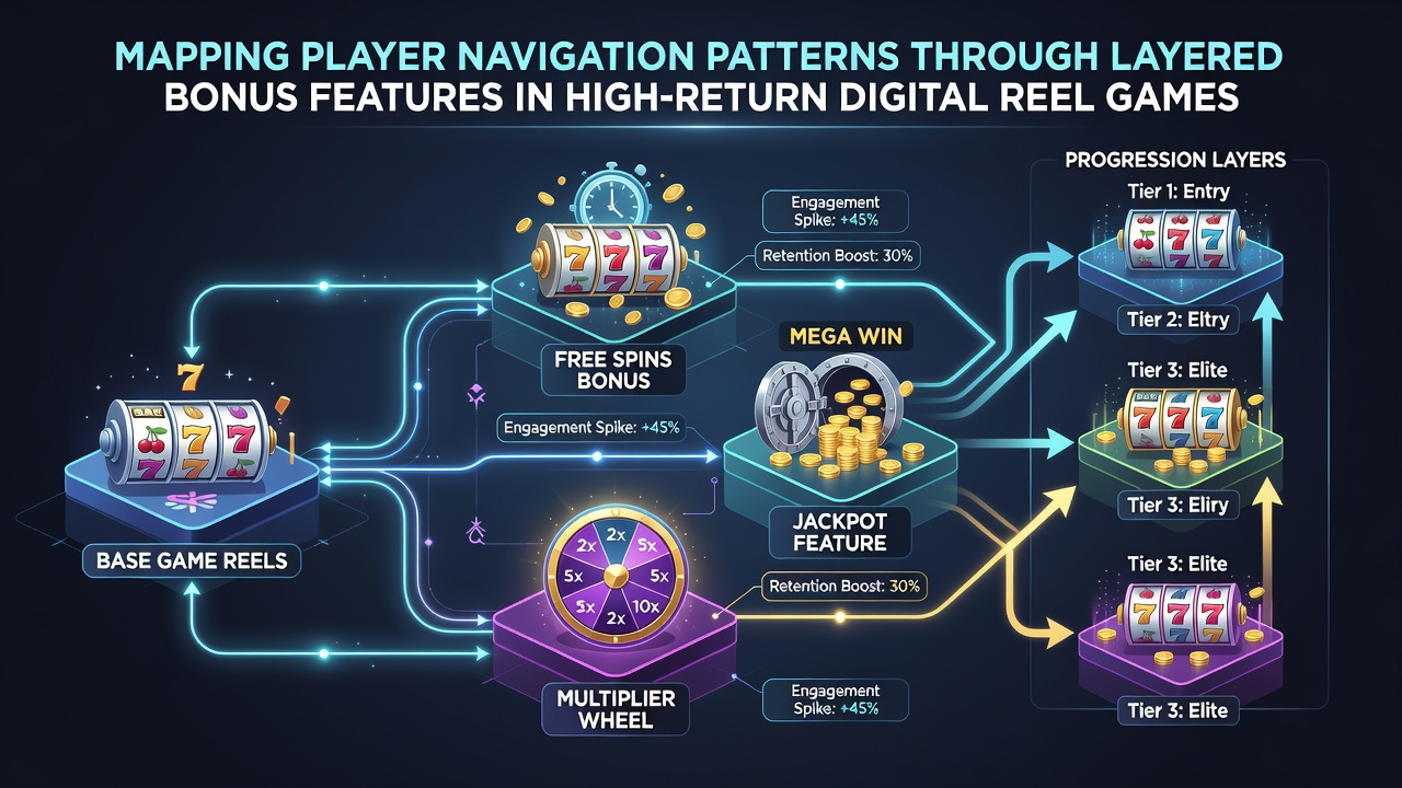 Heatmap visualization of player navigation routes in layered bonus structures of digital reel games