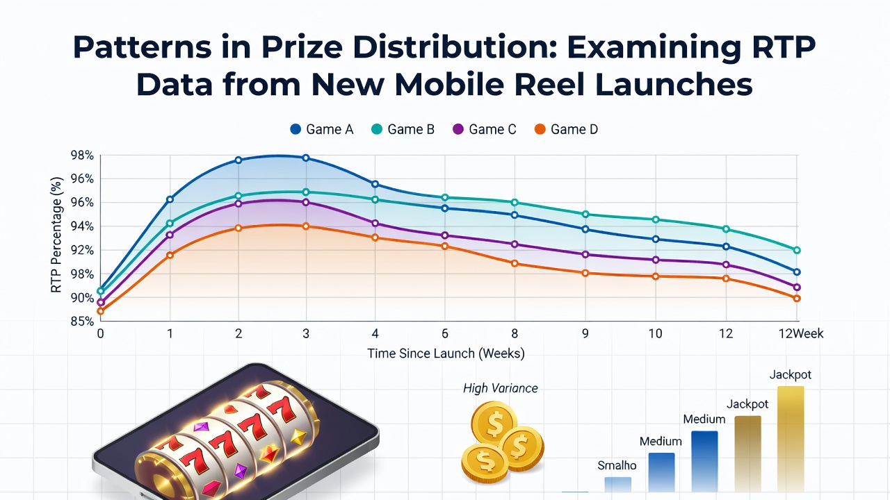 Mobile slot interface displaying RTP metrics and prize distribution charts from recent launches