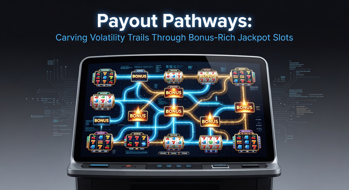 Vibrant jackpot slot reels spinning with cascading bonuses and glowing volatility trails leading to massive payouts