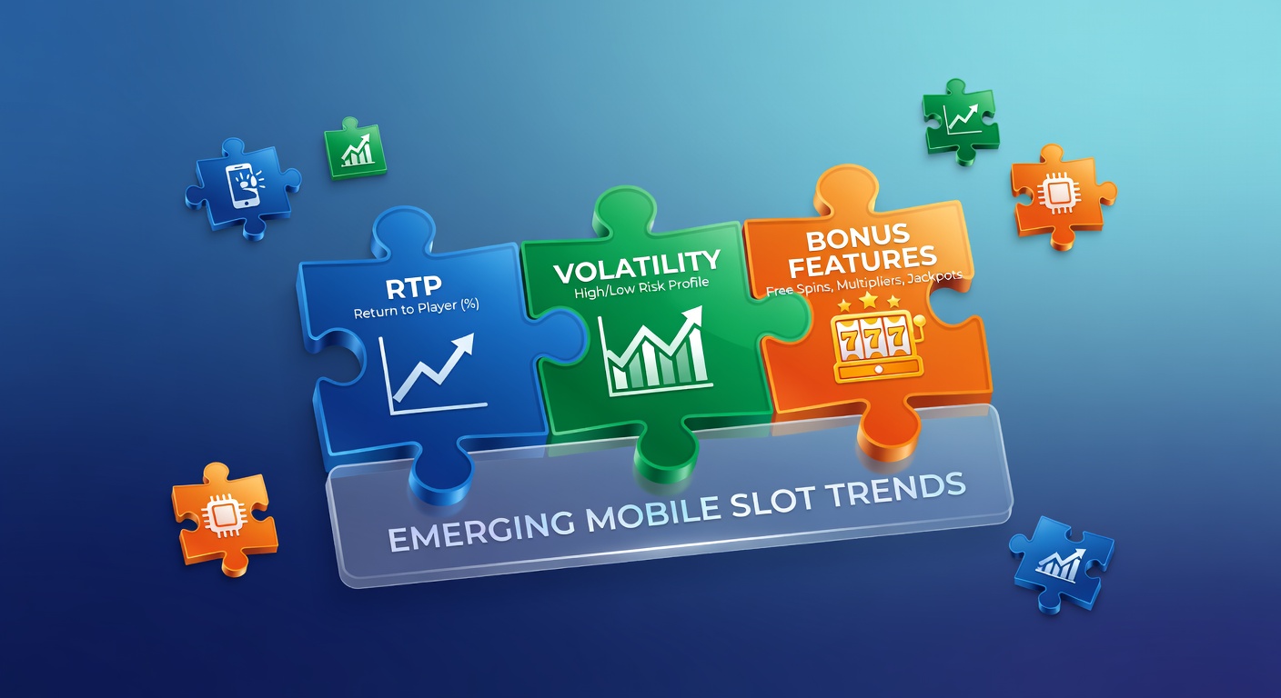 Colorful mobile slot reels displaying RTP percentages, volatility meters, and bonus icons interlocking like puzzle pieces on a smartphone screen