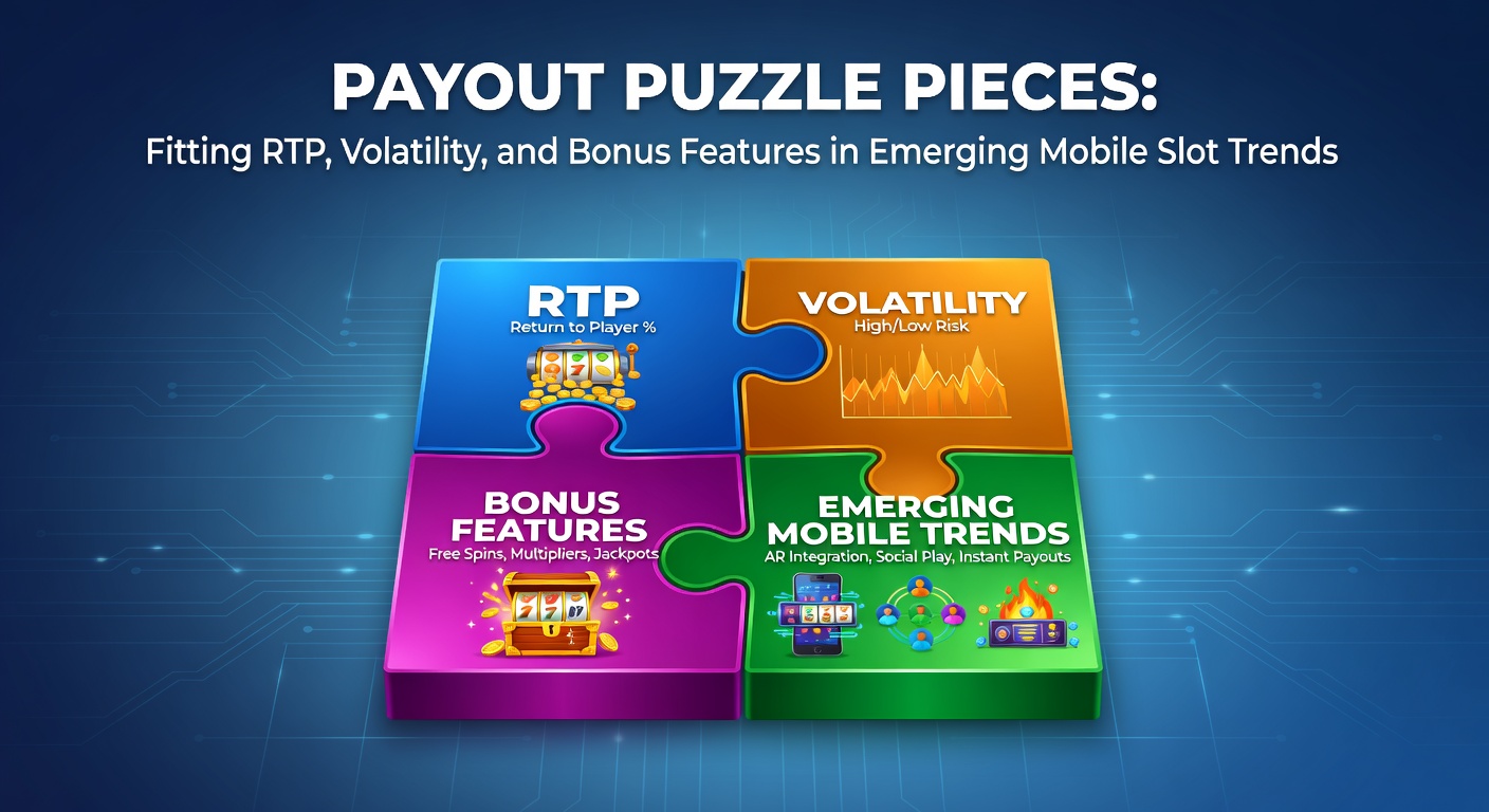 Smartphone graphic showing a slot game's volatility graph rising alongside bonus triggers and RTP readout, with puzzle edges connecting the metrics