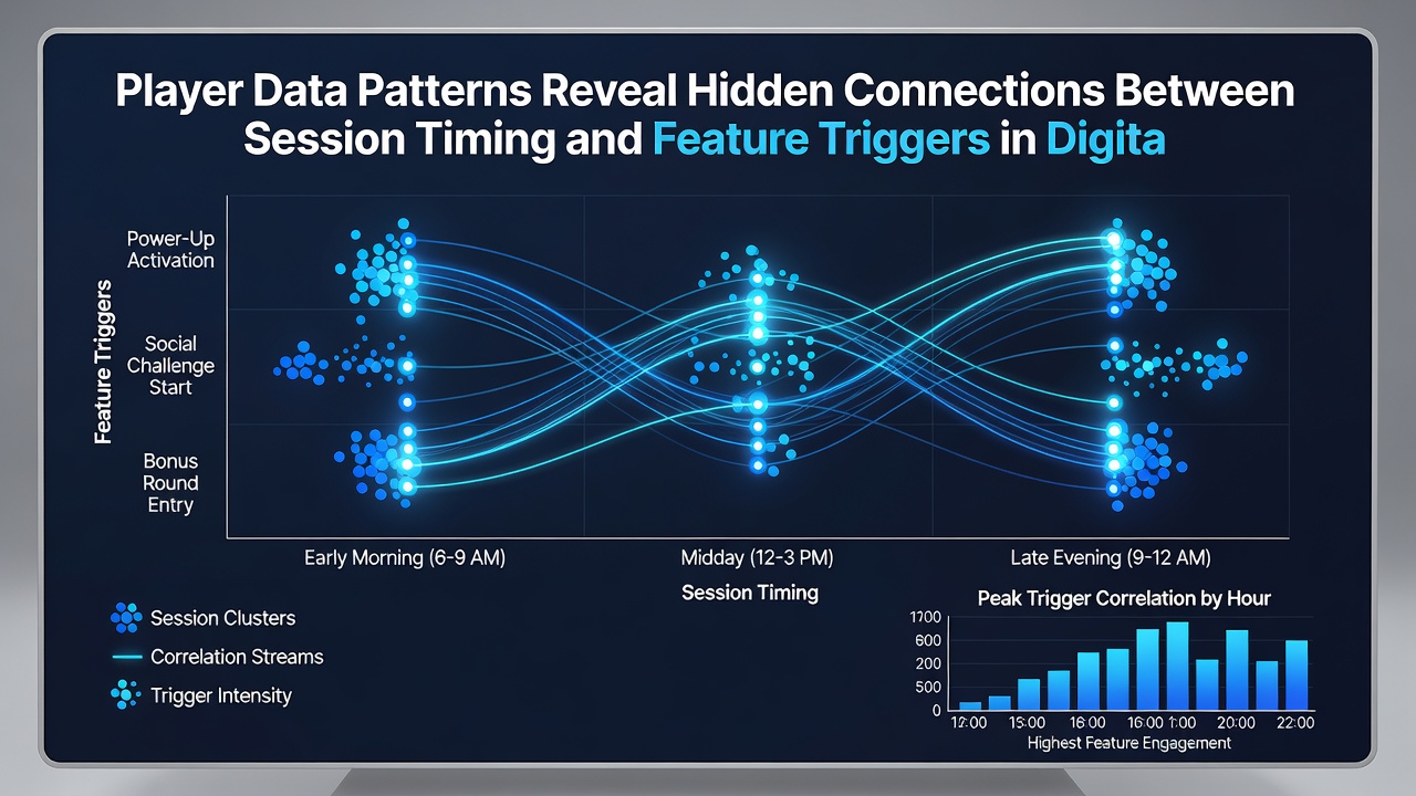 Graph illustrating feature trigger frequency plotted against session duration and time of day in reel game analytics