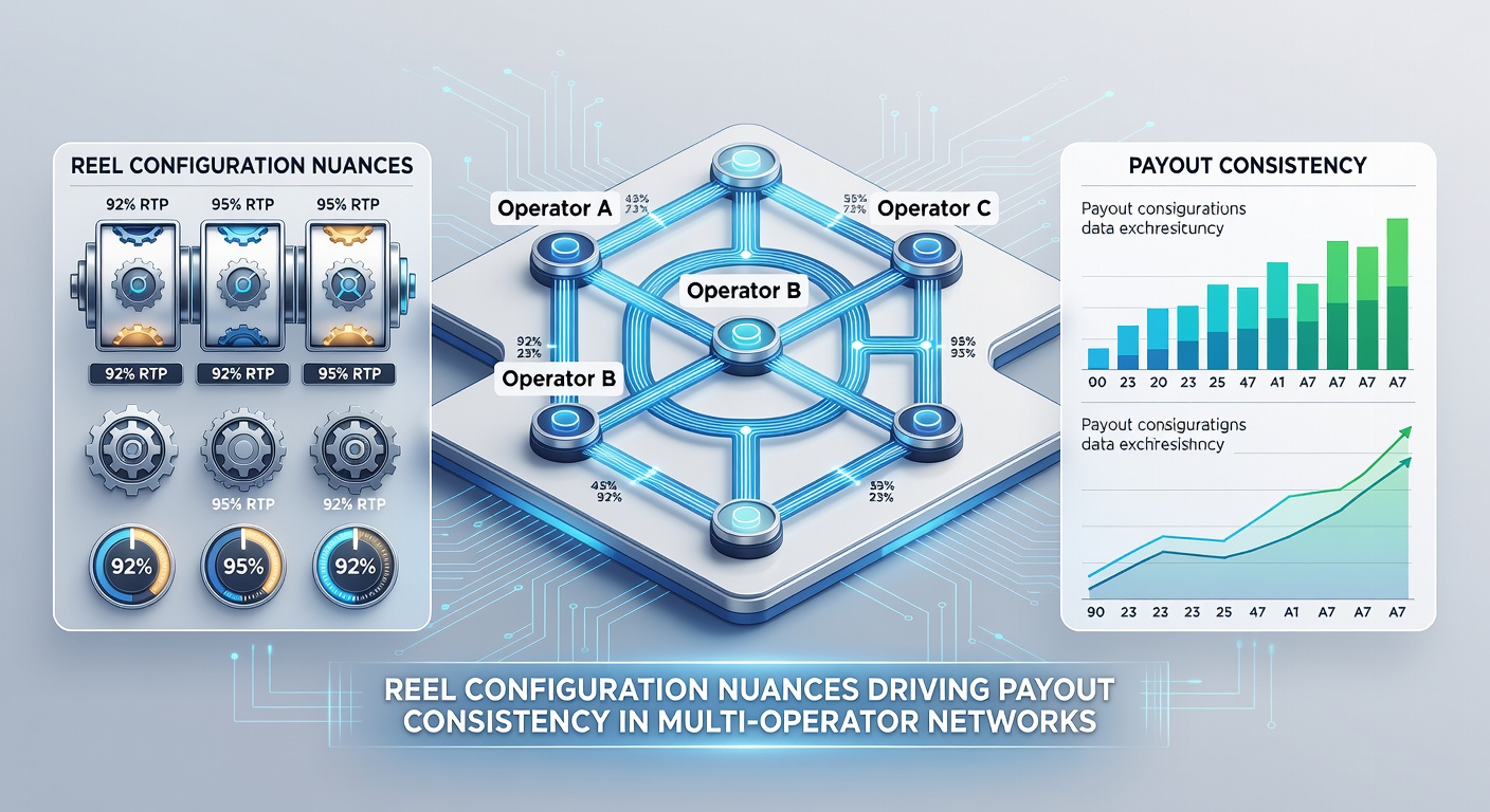 Network diagram illustrating how reel configuration parameters synchronize across multiple slot operators for consistent payout behavior