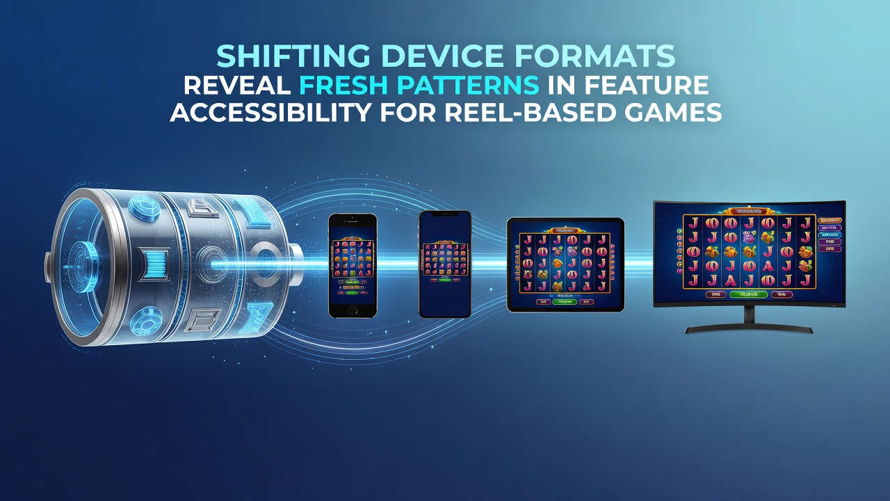 Various gaming devices including smartphones, tablets, and desktops displaying reel-based slot interfaces with highlighted feature buttons and controls