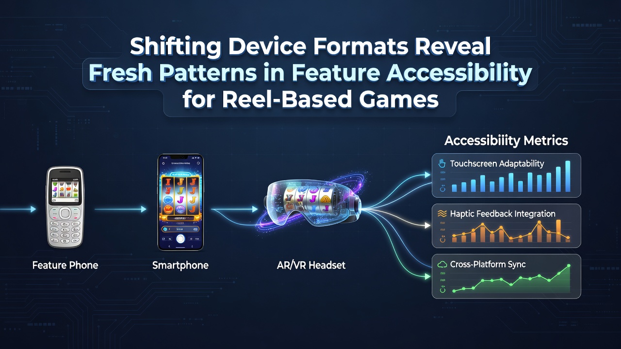 Data visualization chart comparing feature accessibility metrics like tap counts and menu depth across mobile, tablet, and desktop formats for slot games