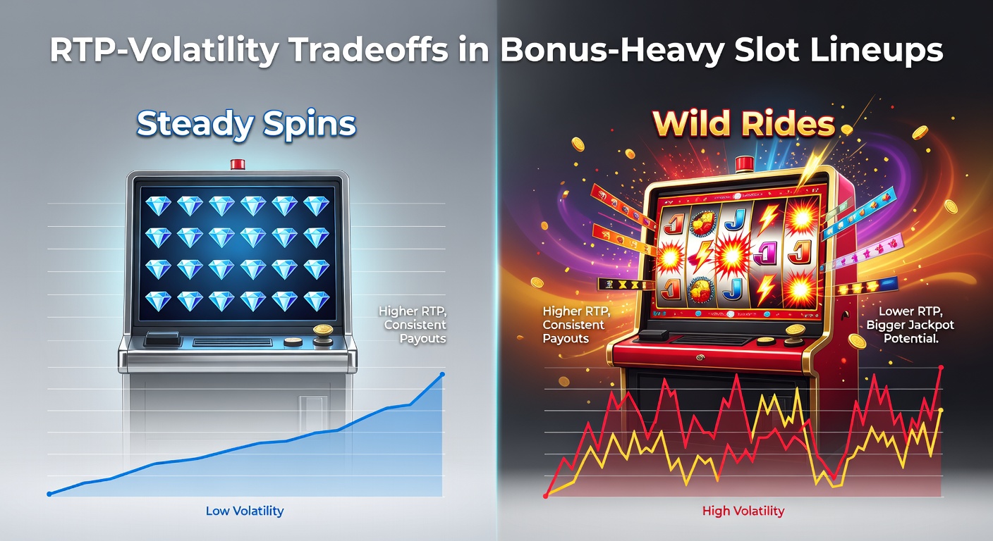 Colorful slot reels spinning with bonus symbols exploding in low and high volatility scenarios, highlighting steady payouts versus explosive wins