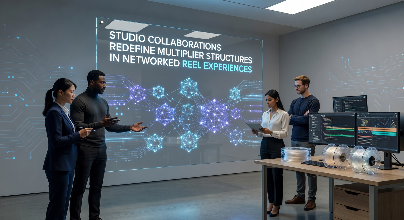 Networked reel systems showing interconnected multiplier displays across multiple studio partnerships