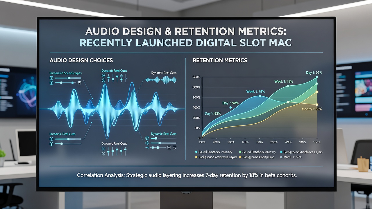 Analytics dashboard displaying retention graphs alongside audio configuration settings for slot games