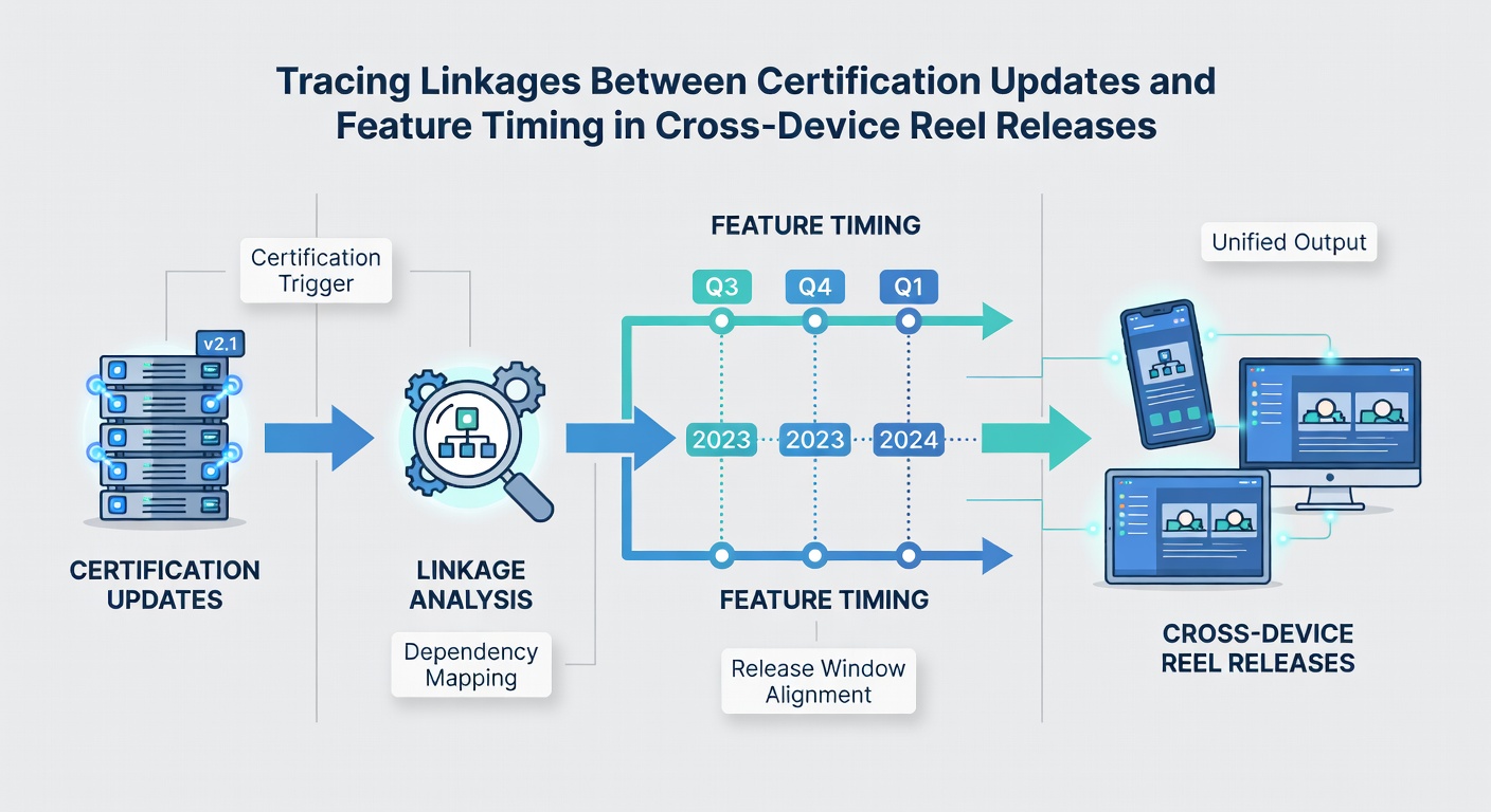 Timeline graphic illustrating certification approval stages aligned with cross-device reel feature launches
