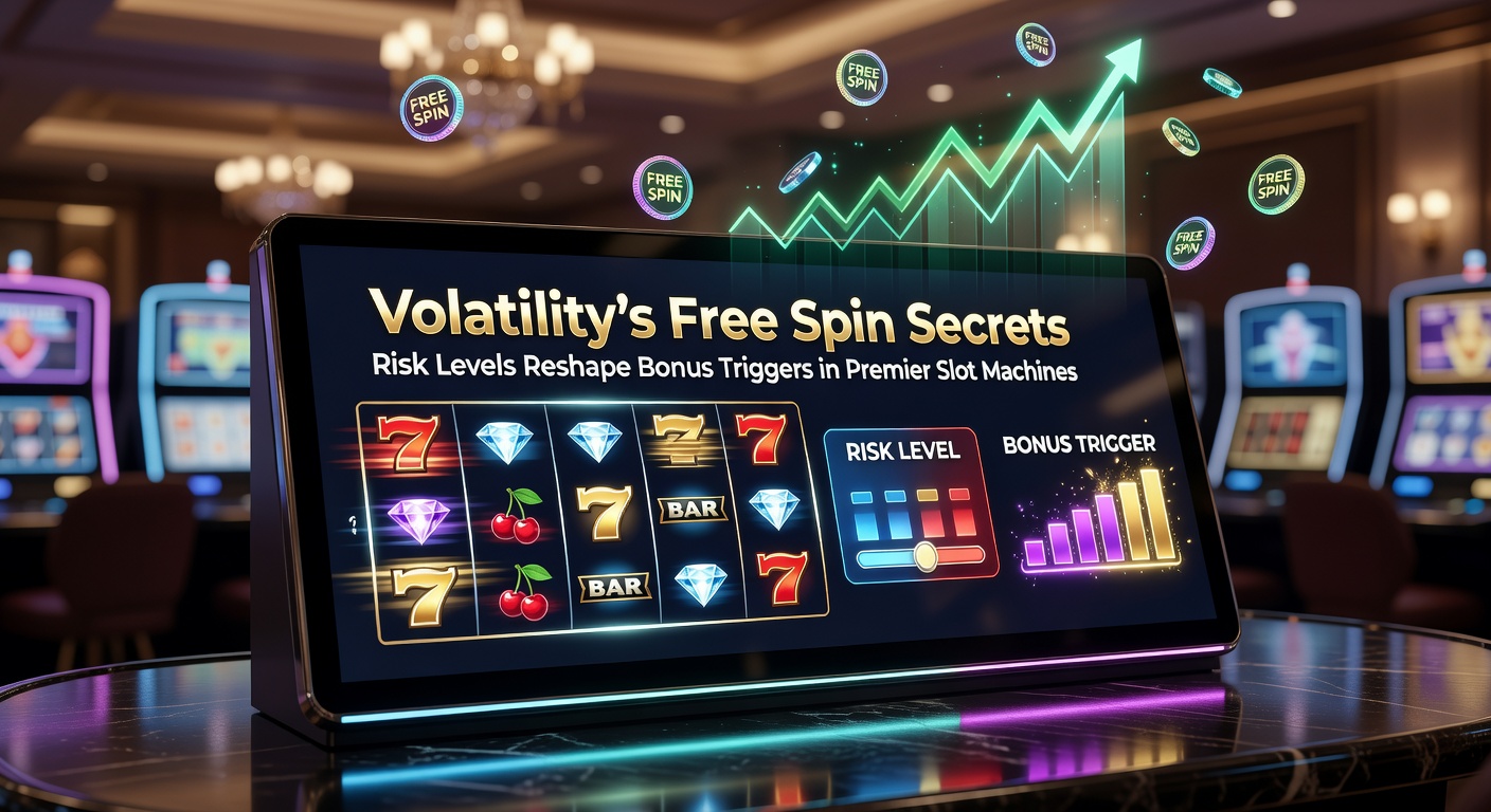 Colorful slot machine reels spinning with free spin symbols lighting up against a vibrant casino backdrop, highlighting volatility impacts on bonus features