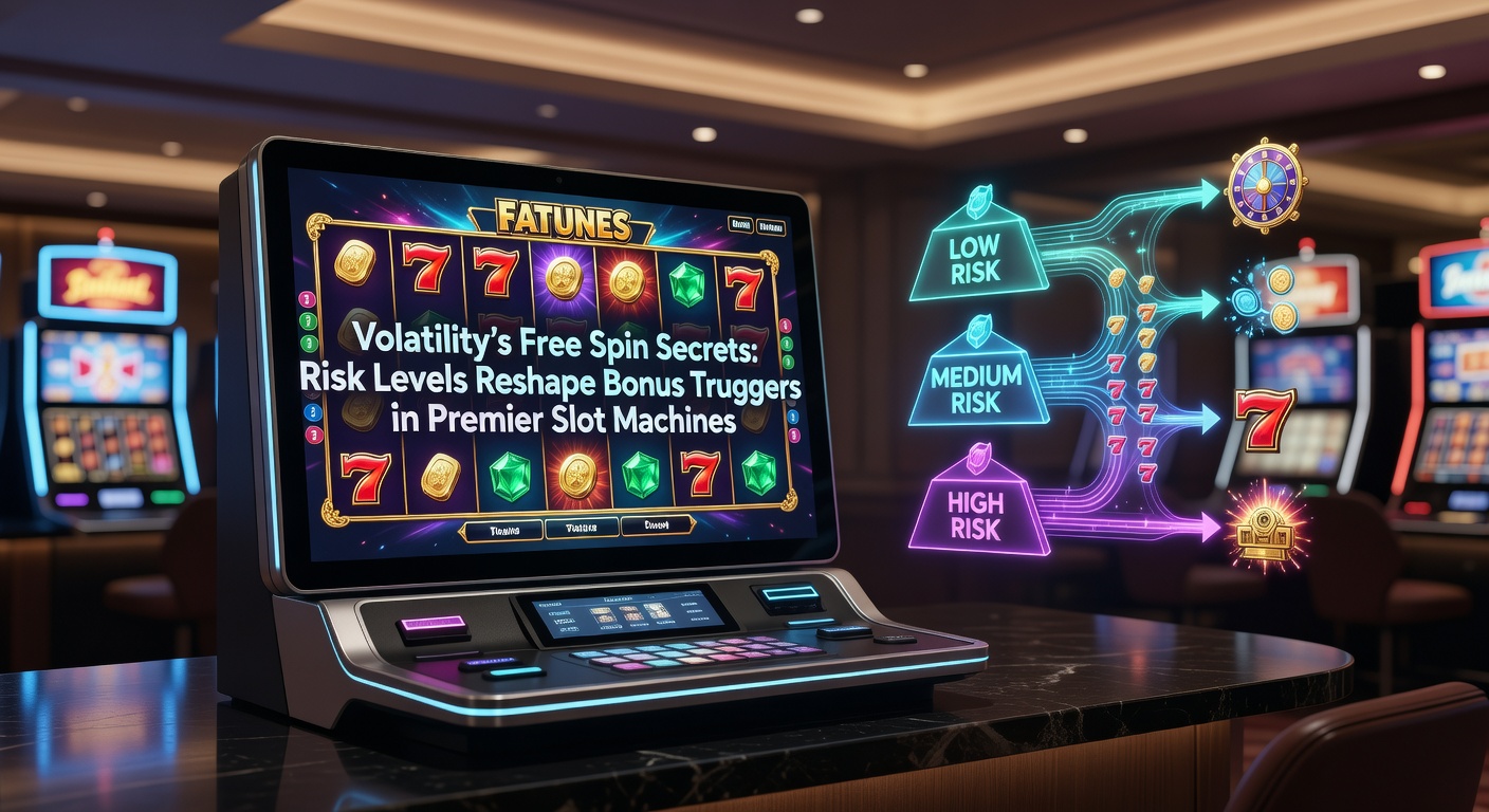Graph charting free spin trigger frequencies across low, medium, and high volatility slots, with bars rising dramatically for high-risk games alongside exploding bonus icons