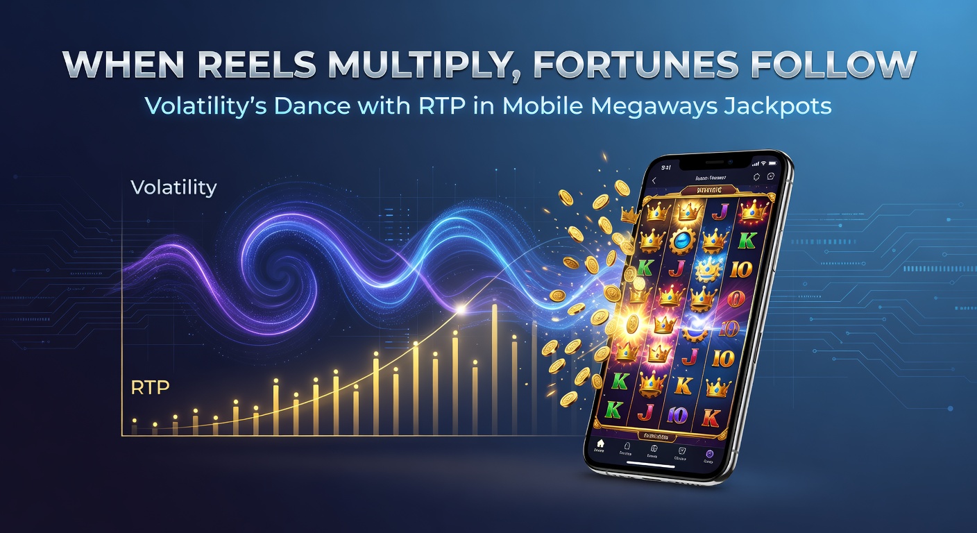 Close-up of a mobile jackpot meter climbing rapidly amid swirling Megaways symbols and volatility charts overlay